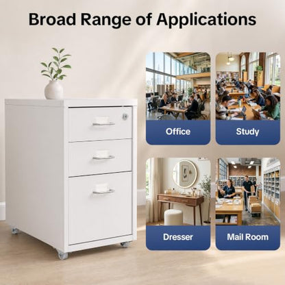 3-Drawer Metal Vertical File Cabinet, Narrow Mobile File Cabinet with Lock and 2 Keys, Under Desk Storage Drawer for Study Home-11 * 16 * 18.3in (White) - color: White