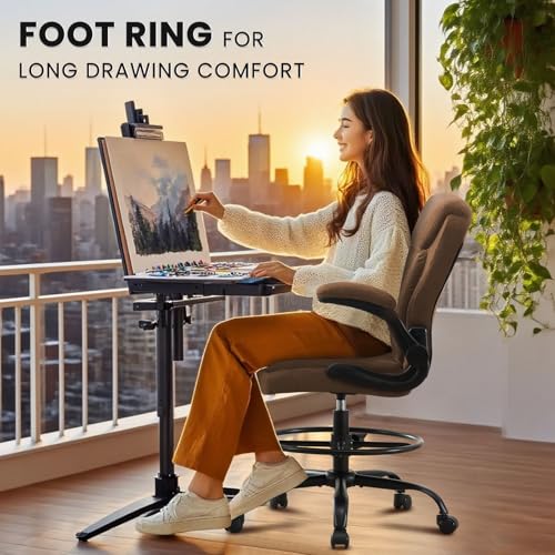 MAHOMICO Drafting Chair for Standing Desk – Tall Office Chair with Adjustable Height & Foot Ring, Flip-Up Arms, Lumbar Support – Comfortable Fabric Seat, Ideal Home Desk Chair - color: Brown