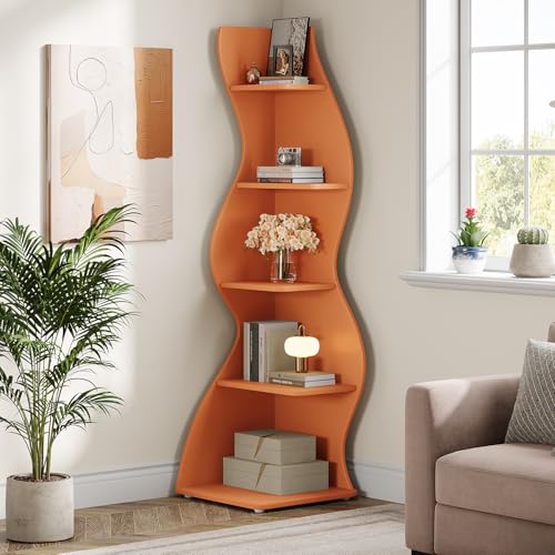 Tribesigns Wavy Corner Shelf, Modern 5-Tier Bookshelf Bookcase with Curvy Shape, Unique Plant Stand Display Rack for Living Room Small Space (Orange) - color: Orange