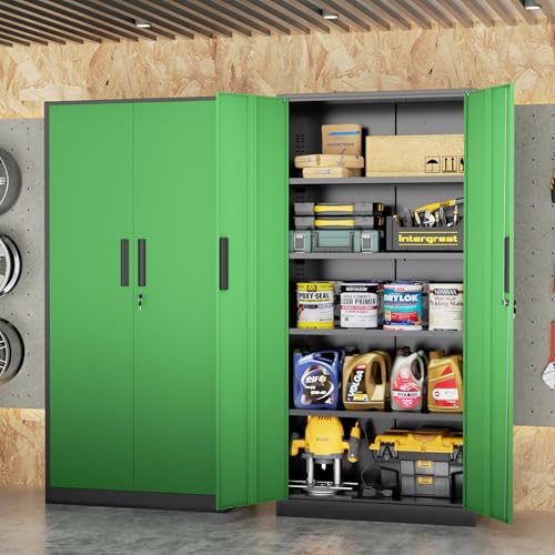 Bonusall 72" Metal Garage Storage Cabinet, 2 Locking Doors & 4 Adjustable Shelves Tall Storage, Heavy Duty Steel Tool Cabinet for Home, Office, Warehouse, School (Black Green) - color: Black&green, size: MSC-72-D16