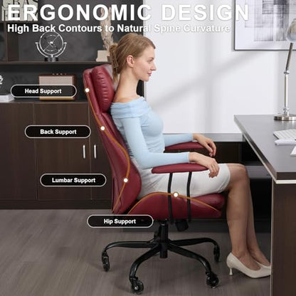 Leather Executive Office Chair, Computer Desk Chair, Red | Ergonomic, Rubber Wheels, Lumbar Support, 360° Swivel, High Back, Adjustable Height, for Modern Home Office - color: Crimson Red