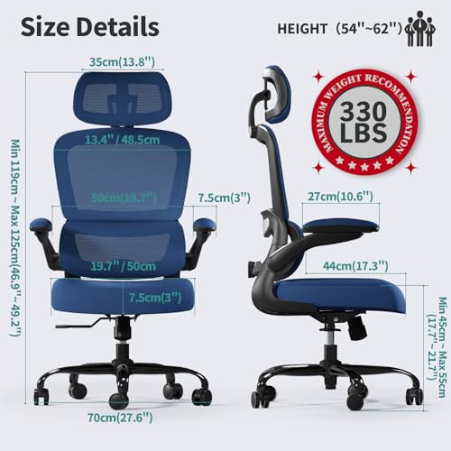 TRALT Office Chair Ergonomic Desk Chair - Gaming Chair with Lumbar Support | 330 LBS Home Office Desk Chairs with Headrest, Reading Chair with Flip-up Armrests, Comfortable Computer Chairs (1, Blue) - color: Dark Blue