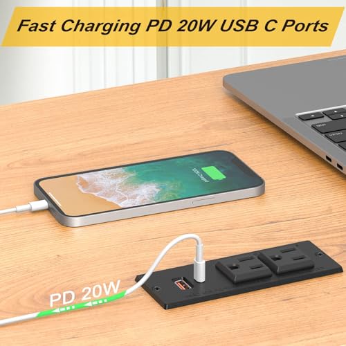 Recessed Power Strip, Flat Plug Furniture Table Outlets with USB C 20W and 1 USB A Port for Multiple Devices, 6ft Extension Cord, 20W Power Delivery Charging for Home, Office, Dorm Essential