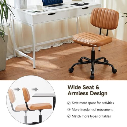 Armless Office Chair, Swivel Rolling PU Leather Vanity Chair with Back Lumbar Support Height Adjustable Computer Chair, Small Desk Chair for Home Office (Brown) - color: Brown