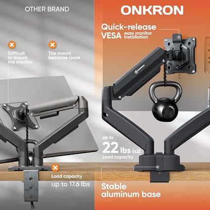 ONKRON Dual Monitor Arm 13-32 Inch, 22 lbs (x2), max VESA 100x100, Black | Double monitor desk mount with 20" extension, gas spring, swivel, tilt, rotation; Clamp or grommet mount for office & gaming