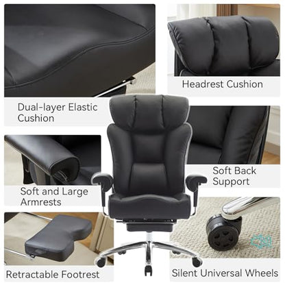 Efomao Big and Tall Executive Office Chair 450lbs,Black | 5.9" Thick Pocket Spring Cushion, Reclining Breathable PU Leather Desk Chair with Foot Rest, Soft Comfortable Support - color: 3060r-black