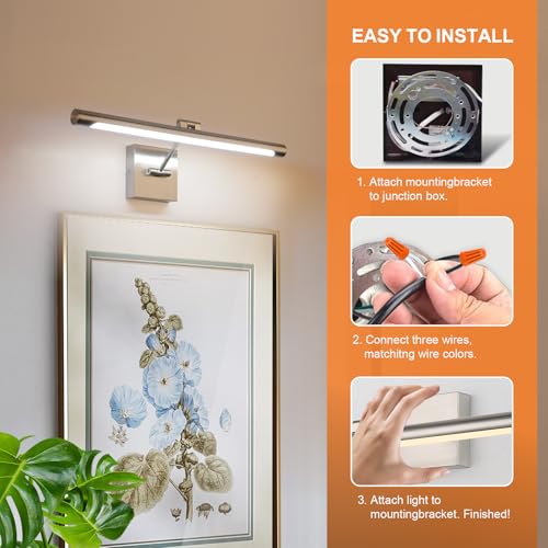 Joosenhouse Single Arm LED Picture Lights 16.53 Inch, Full Metal Artwork Lamp with Rotatable Sconces Lamp Head, 7W (45W Eqv.), Hardwired Connection, 3000K Warm White 560Lm, Brushed Nickel Finish… - color: Nickel, size: Dimmable 16.53" Long