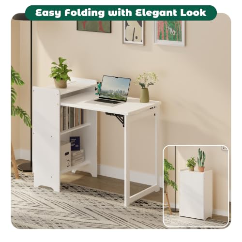 HDDFER Folding Desk with Built-in Outlet,for Small Spaces,Hidden Desk with Storage Shelf, Foldable Computer Desk for Bedroom Home Office, Mid Century Modern Fold Out Table Writing Table, White - color: White