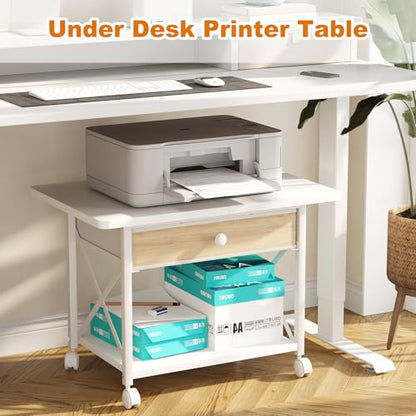 EasyCom Large Printer Stand with Fabric Storage Drawer and Locking Wheels - color: White, size: Large