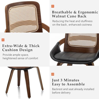 Set of 1 Rattan Dining Chair - Mid Century Modern Chair with Ergonomic Cane Back, Bentwood Frame, Faux Leather Seat, Arms, Walnut Dining Chair for Living Room/Reception/Kitchen (Walnut Black) - color: Walnut Black, size: Set of 1