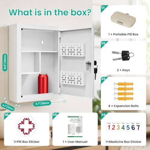Metal Locking Wall-mounted Medicine Cabinet, Bathroom Medicine Cabinet Organizer with 3 Compartments & 2 Door Storage Bins, First Aid Cabinet for Home Bathroom Office, Weekly Pill Organizer Included - size: 11.7 x 4.7 x 15.6 inches