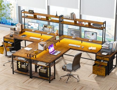 EnHomee 104" L Shaped Desk, 4 Layout Convertible RGB Lights & Monitor Stand - color: Rustic Brown