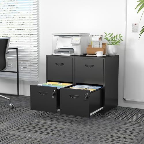SteeLoong 2 Drawer File Cabinet,Metal Mobile File Cabinet with Lock Black | Filing Cabinet with Wheel,Vertical File Cabinet for Home Office,Under Desk Rolling File Cabinets for Hanging Letter/A4 - color: Black, style: 2 Drawer on Wheels