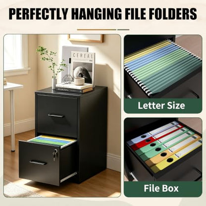 2 Drawer File Cabinet with Lock, 25.6" H Small File Cabinet - color: Black, size: 25.6"H - 2 Drawer