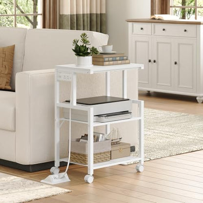MAHANCRIS Mobile Printer Stand, 3-Tier Industrial Printer Cart with 2 AC Outlets and 2 USB Ports, Rolling Printer Table on Wheels for Home Offices Kitchen Organization Rack, White PTWT78E01 - color: White