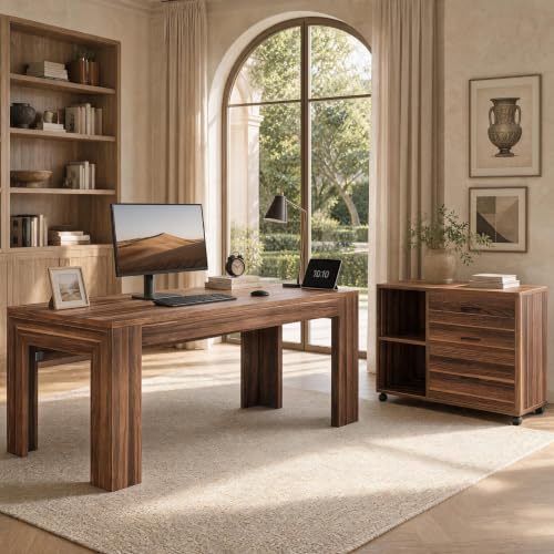 Tribesigns L Shaped Executive Desk with Drawers,Light Walnut | Large Office Desk with Rolling File Cabinet Combo,Home Office Computer Desk,Wooden Desk with Long Front Baffle - color: Light Walnut