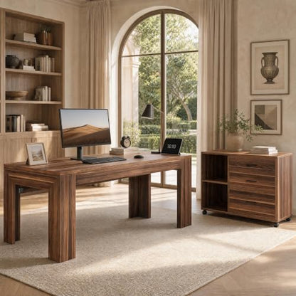 Tribesigns L Shaped Executive Desk with Drawers,Light Walnut | Large Office Desk with Rolling File Cabinet Combo,Home Office Computer Desk,Wooden Desk with Long Front Baffle - color: Light Walnut