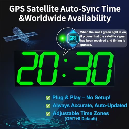 CHKOSDA 18.7" Large Digital Wall Clock with GPS Auto-Sync Time - 6 Inch Bright Green LED, Remote, Count Up/Down Timer, Date & Temp. Plug-in for Gym, School, Classroom & Sports Field - color: 18.7" Gps Auto-sync Wall Clock-green