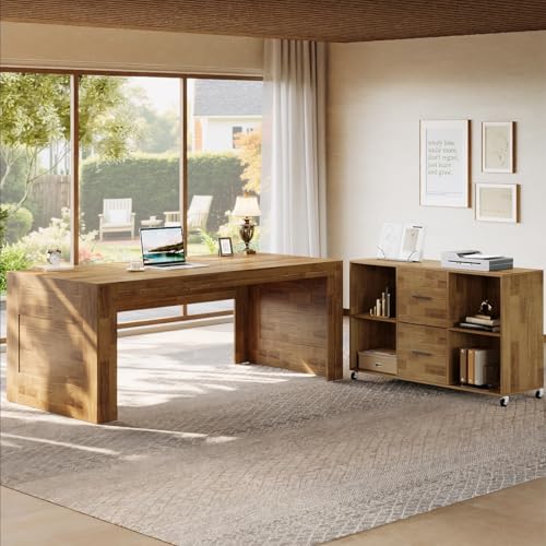 Tribesigns 63" Executive Desk with File Cabinet | L-Shaped Office Desk with Drawers and Storage Shelves, Business Combo Furniture, Computer Desk Set for Home Office, Brown