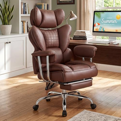 DUMOS Big and Tall Home Office Desk Chair, Executive Chair with Footrest - color: Brown, size: Fix Armrest