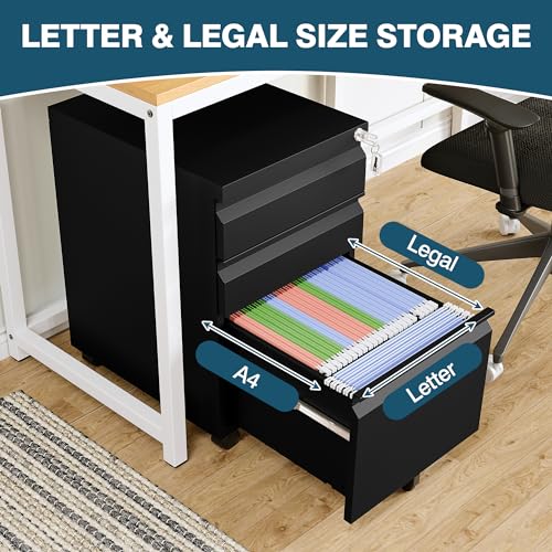 MIIIKO 3 Drawer File Cabinet on Wheels, Home Office Mobile File Cabinet Under Desk, Full Assembled Metal Filing Cabinets with Lock for Legal/Letter/A4 File Folders - color: Black, size: 3Drawer-24.5"H
