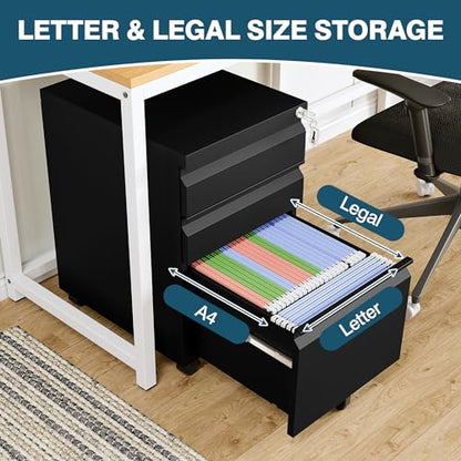 MIIIKO 3 Drawer File Cabinet on Wheels, Home Office Mobile File Cabinet Under Desk, Full Assembled Metal Filing Cabinets with Lock for Legal/Letter/A4 File Folders - color: Black, size: 3Drawer-24.5"H