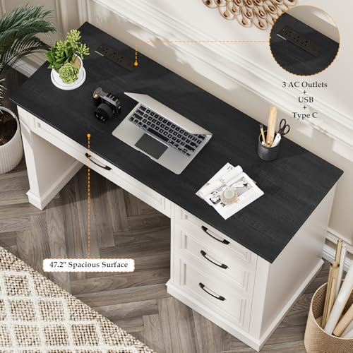 Vabches Farmhouse 47" Workstation Computer Desk with Drawers, Antique Black | Executive Desk with File Drawer and Charging Station for Home Office,Study. - color: Antique Black