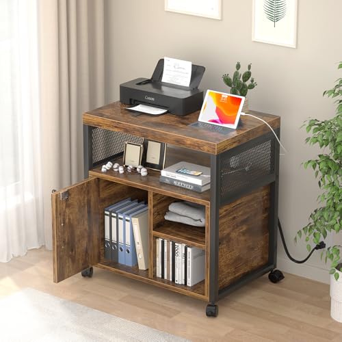 Unikito Rolling File Cabinet, Lateral Filing Cabinet on Wheels Mobile Office Printer Stand with Door and Open Storage Shelf for A4, Letter Size and Hanging File Folders, Lockable, Rustic Brown - color: Rustic