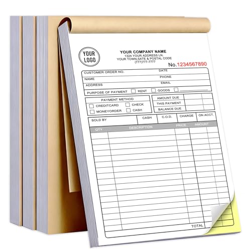 Custom 5.5" x 8.5" Invoice Book with Logo 100 Set Personalized Receipt Books Customized Invoices for Small Business 2 - Parts Carbonless Duplicate Invoice Forms NCR Books - size: 5.5" x 8.5", style: 2-part invoice
