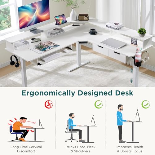 RedLemon 60 Inches L Shaped Electric Standing Desk 2 Tier, Antique White - color: Antique White, size: 60"X60"