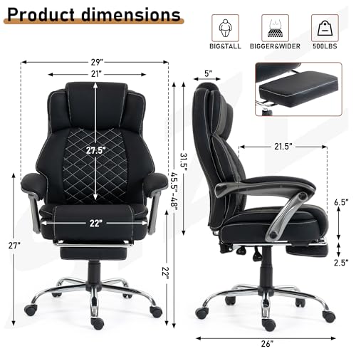 500 lbs Office Chair with Foot Rest, Reclining Executive Chair Black | Big & Tall Computer Desk Chair, PU Ergonomic Lumbar Support, Thicker Pocket Spring Cushion, High Back - color: Black