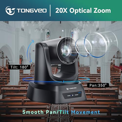 TONGVEO 4K AI PTZ Camera with Auto Tracking and 20X Optical Zoom, Conference Room Webcam with HDMI/USB3.0/LAN/PoE, Ideal for Church Worship, Zoom Meetings, Live Streaming and Education - color: Coal