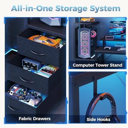 59" Reversible Gaming Desk with LED Lights Power Outlets, Black | Computer Desk with Drawers Can be Used to Store Odds and Handles, Elevated PC Stand To Help You Showcase Your DIY Cases. - color: Black, size: 60 In