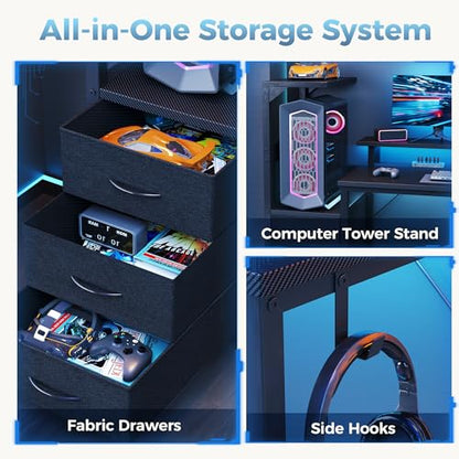 59" Reversible Gaming Desk with LED Lights Power Outlets, Black | Computer Desk with Drawers Can be Used to Store Odds and Handles, Elevated PC Stand To Help You Showcase Your DIY Cases. - color: Black, size: 60 In