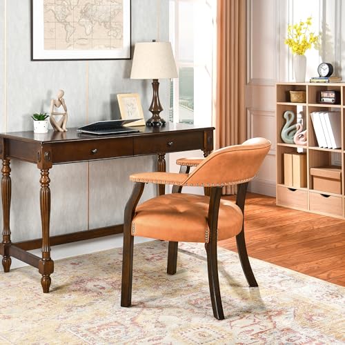 LEEMTORIG Faux Leather Dining Chair with Arms, Solid Wood Dining Chair with Supportive Back, Boss Caption's Chairs Office Desk Chairs, Espresso Legs & Orange PU CY-NX173-318OR - color: Espresso Legs & Orange Pu, size: Set of 1