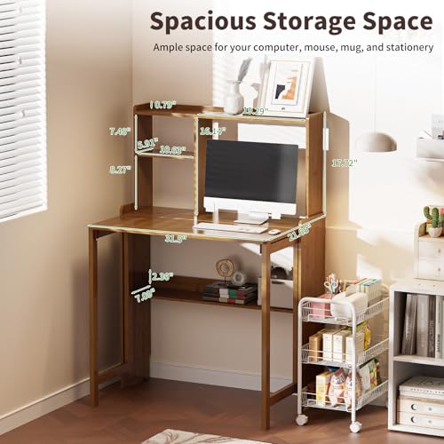Folding Desk for Small Spaces, Bamboo Foldable Desk with Bookshelf, Brown - color: Brown, size: 47.24"H x 21.65"D x 32.28"W