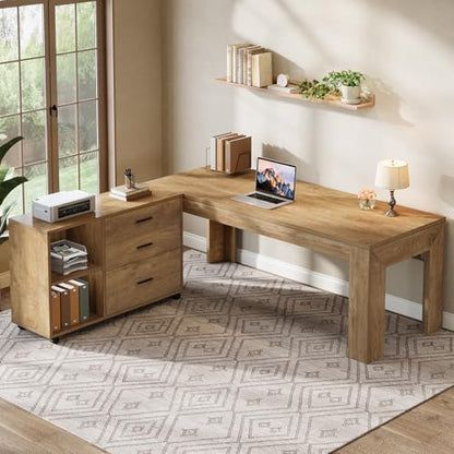 Tribesigns 63" L Shaped Desk with Storage, Executive Office Desk with Mobile Lateral File Cabinet Combo, Large Computer Table with Drawers and Shelves, Business Furniture Set for Home Office, Brown - color: Brown