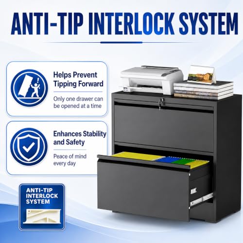 2 Drawer Lateral File Cabinet with Lock, 35.4" W File Cabinet - color: Black, size: 35.4"W - 2 Drawer