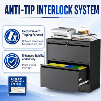 2 Drawer Lateral File Cabinet with Lock, 35.4" W File Cabinet - color: Black, size: 35.4"W - 2 Drawer