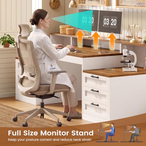 SEDETA 63" Farmhouse Office Desk with 5 Drawers, White and Brown | Executive Computer Desk with LED Lights & Monitor Stand, Wood Home Office Desk with 2 Printer Stand & Power Outlet - color: White and Brown, size: Executive Office Desk(63")