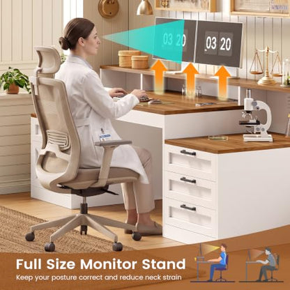 SEDETA 63" Farmhouse Office Desk with 5 Drawers, White and Brown - color: White and Brown, size: Executive Office Desk (63")