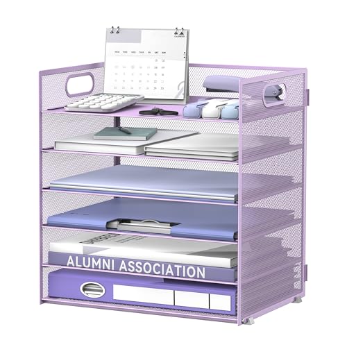 Daltack 6-Tier Paper Organizer for Desk with Handle, Purple | Sturdy Metal Mesh Organizer with Movable Middle Trays and a Carry Handle for Papers, Folders and Office Supplies - color: Purple