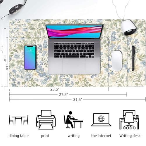 Large Mouse Pad, Beige Blue Floral Desk Mat for Desktop 23.6" x 11.8" - color: Beige Blue Floral, size: 23.6" x 11.8"