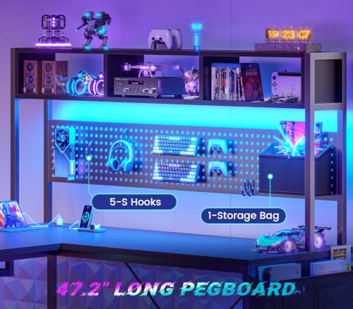 SEDETA 67" L Shaped Gaming Desk with Pegboard LED Lights and Power Outlet | Reversible Computer Desk with Keyboard Tray Hutch and Stoage Bag for Home Office, Black - color: Black With Power Outlet and Pegboard
