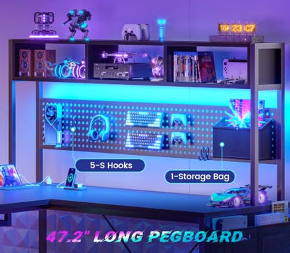SEDETA 67" L Shaped Gaming Desk with Pegboard LED Lights and Power Outlet | Reversible Computer Desk with Keyboard Tray Hutch and Stoage Bag for Home Office, Black - color: Black With Power Outlet and Pegboard