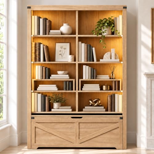 70.9" Tall Bookshelf with Rolling Storage Bench, Multi-Function, Heavy-Duty