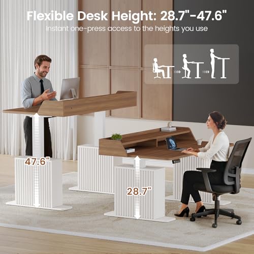 SEDETA Standing Desk with Storage, 55" Fluted Stand Up Desk with Power Outlets & LED Lights, Height Adjustable Table with Monitor Shelf for Home Office, Gaming, Brown + White - color: Brown + White