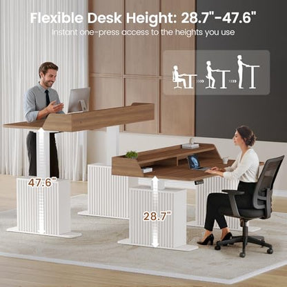 SEDETA Standing Desk with Storage, 55" Fluted Stand Up Desk with Power Outlets & LED Lights, Height Adjustable Table with Monitor Shelf for Home Office, Gaming, Brown + White - color: Brown + White