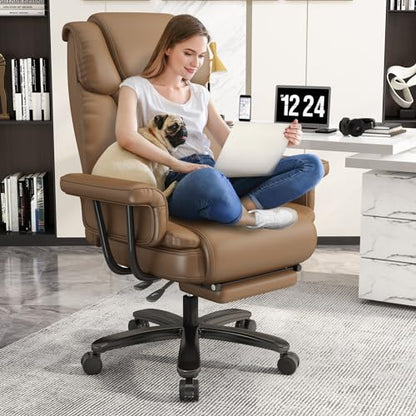 GYI 160 Reclining Office Chair with Footrest, Big & Tall Desk Chair, Brown | Cross Legged Seat, High Back, Faux Leather, Heavy Duty Base, Adjustable Height, for Home, Executive - color: Brown