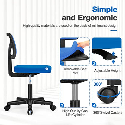Sweetcrispy Small Armless Desk Chair, Mesh Rolling Office Chairs | Adjustable Ergonomic Lumbar Support, Low-Back, Swivel Wheels, Home Work, Bedroom, Study, Student, Adults, Blue - color: Blue